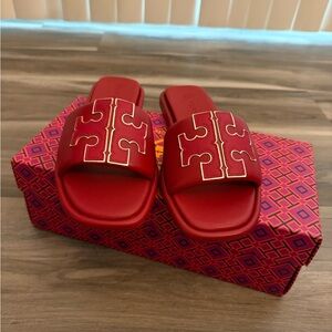 Tory Burch Double T Sport Slide Red and Gold